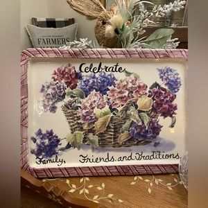 Basket of Hydrangeas Reproduction by Caren Heine Ceramic Platter Farmhouse